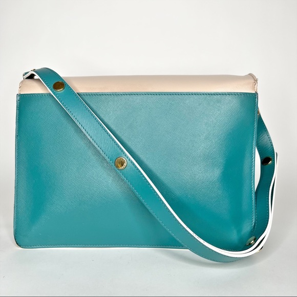 Marni Large Accordion Shoulder Bag Cream Teal Trunk Purse Leather Flap Front - Picture 4 of 13